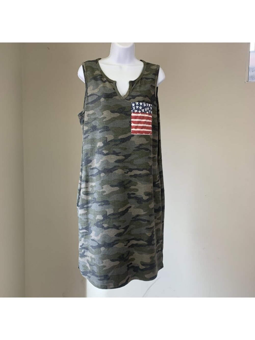 First Love Dress sz Large L Tank Dress Camo Flag Pocket Above Knee